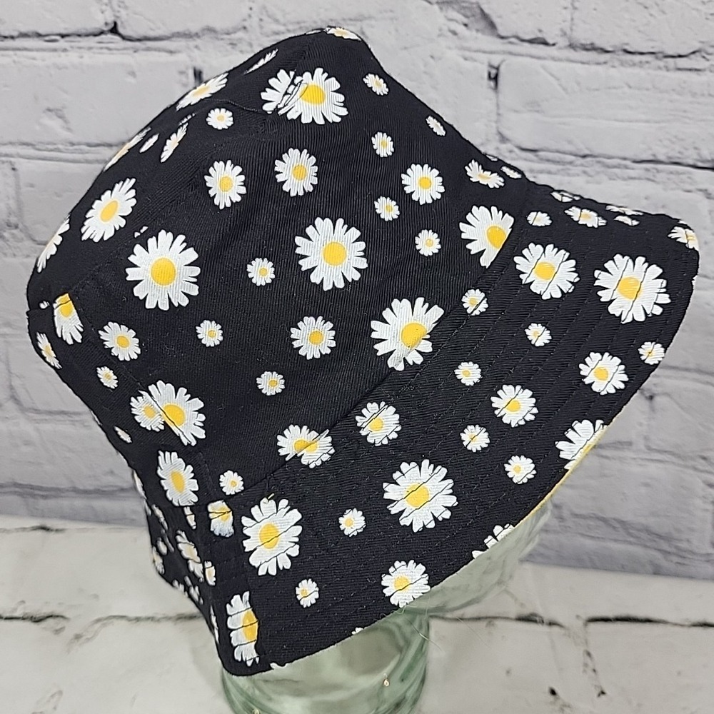 Retro Y2K Bucket Hat Womens OS Black Yellow Reversible Daisy‎ Print Sun Cap - Picture 4 of 11